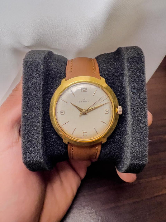Vintage Zenith Swiss Dress Watch 1960s — Gold Case · Cream Dial · Manual Wind · Tan Leather